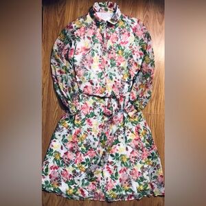 NY & Co Lightweight Floral Print Shirt Dress M White & Pink Button Up Maxi NWT
